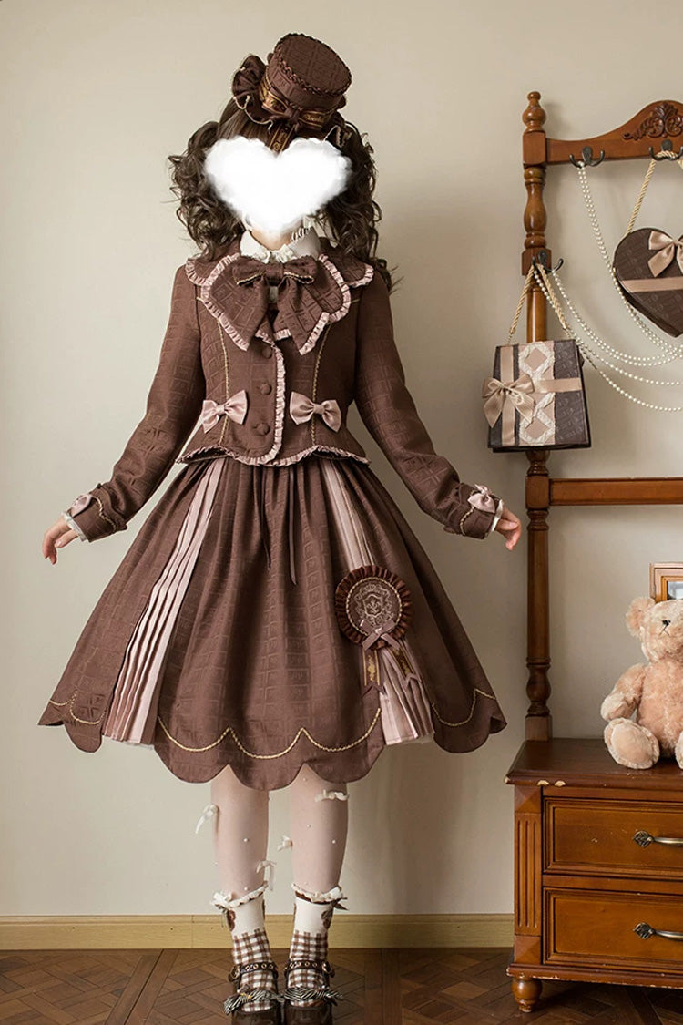 Brown Printed Embroidered Bow Lace-Up Classic JSK Dress & Skirt - Teddy Chocolate Bar