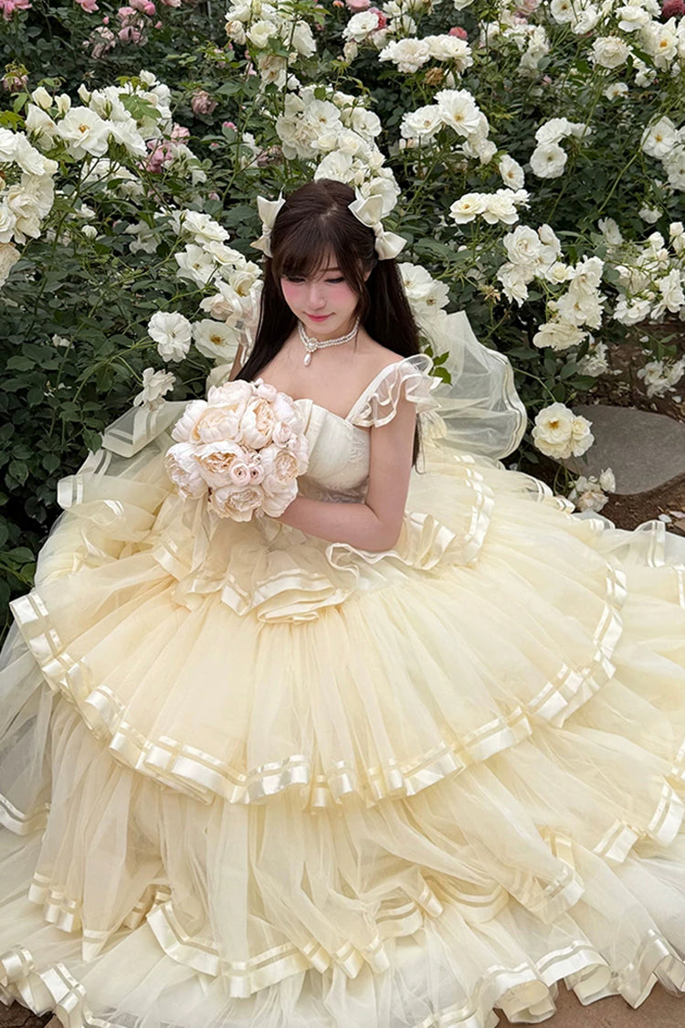 Organza Satin Sleeveless Layered Ruffled Bow Lace Sweet Lolita JSK - Apricot