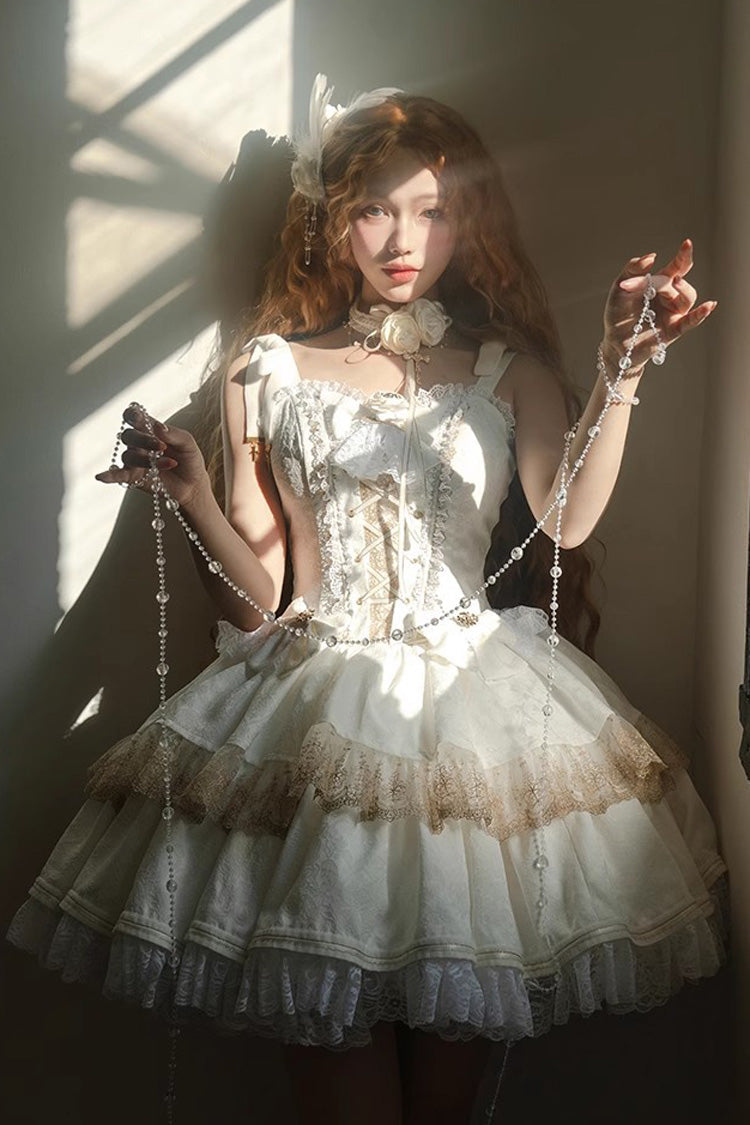 White Gothic Ballet Lolita JSK Double Layered Lace Ruffled