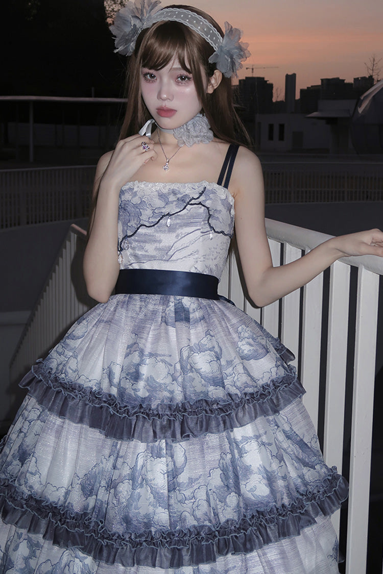 Multi-Color Cumulonimbus Printed Sweet Lolita JSK Dress - Multi-Layer Ruffled