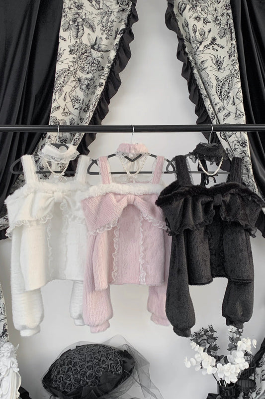 Sweet Jirai Kei Off-Shoulder Lace Fleece-Lined Long-Sleeve Top
