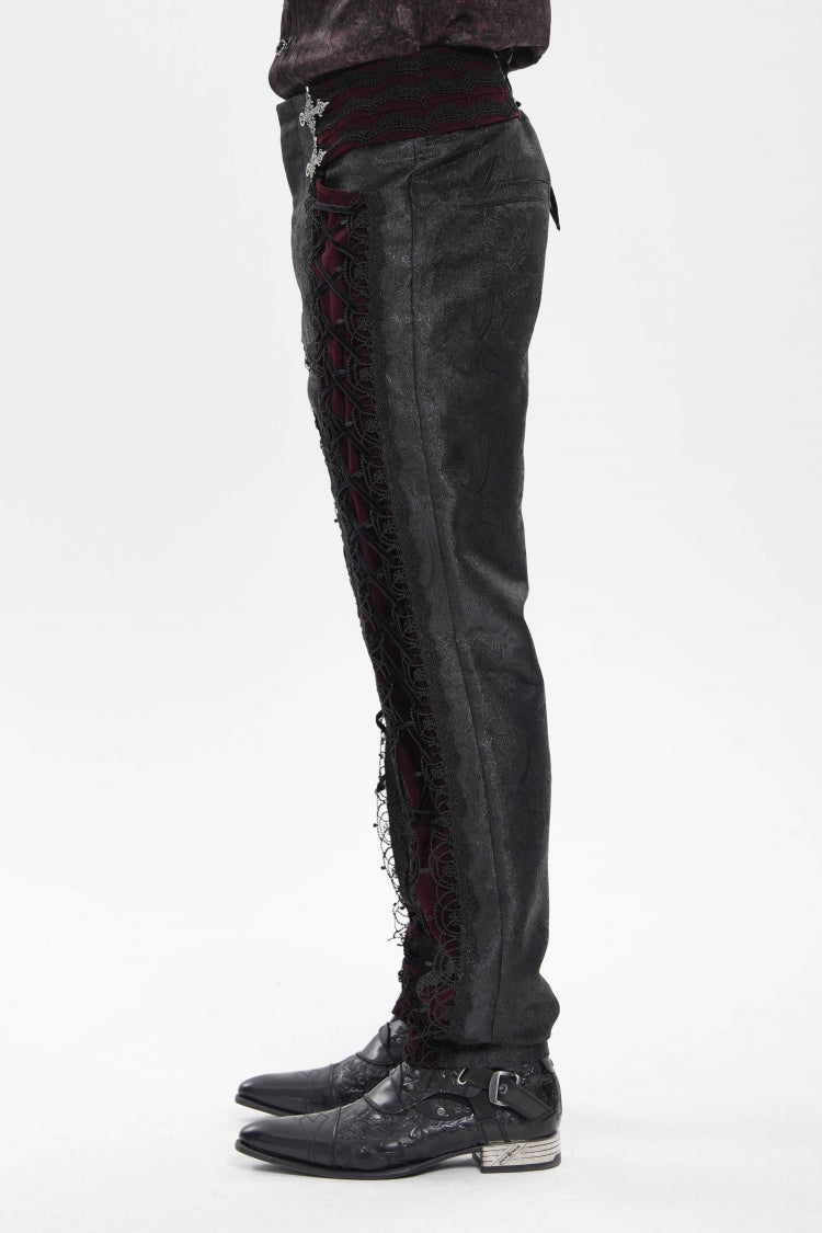 Crimson & Noir Jacquard Lace-Up Slim Velvet Palazzo Trousers for Men