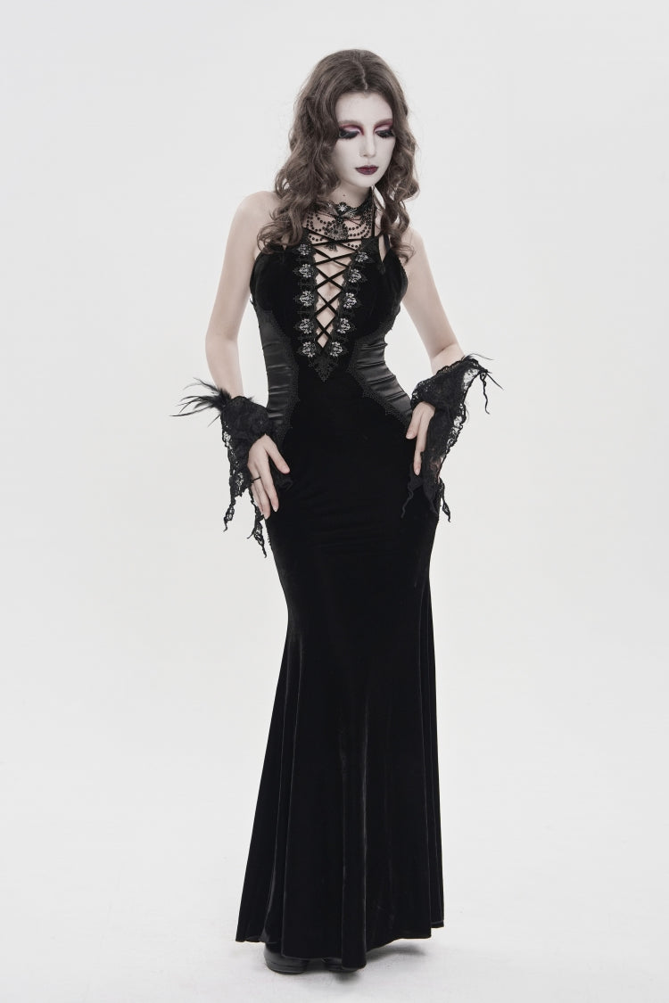 Off Shoulder Sleeveless Spliced Lace-Up Slim Pleated Gothic Jsk Dress