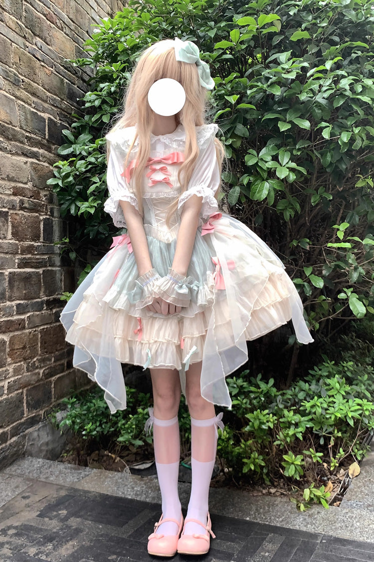 Sleeveless Triple-Layer Ruffle Bow Lace Sweet Princess Lolita Jumper Dress - Green