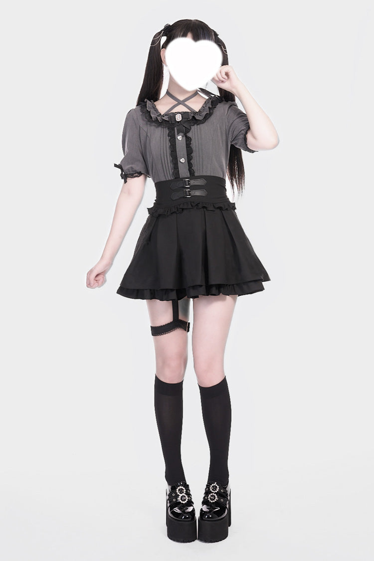 Black Leather Buckle Leg Ring Double-Layer Ruffle Sweet Jirai Kei Skirt