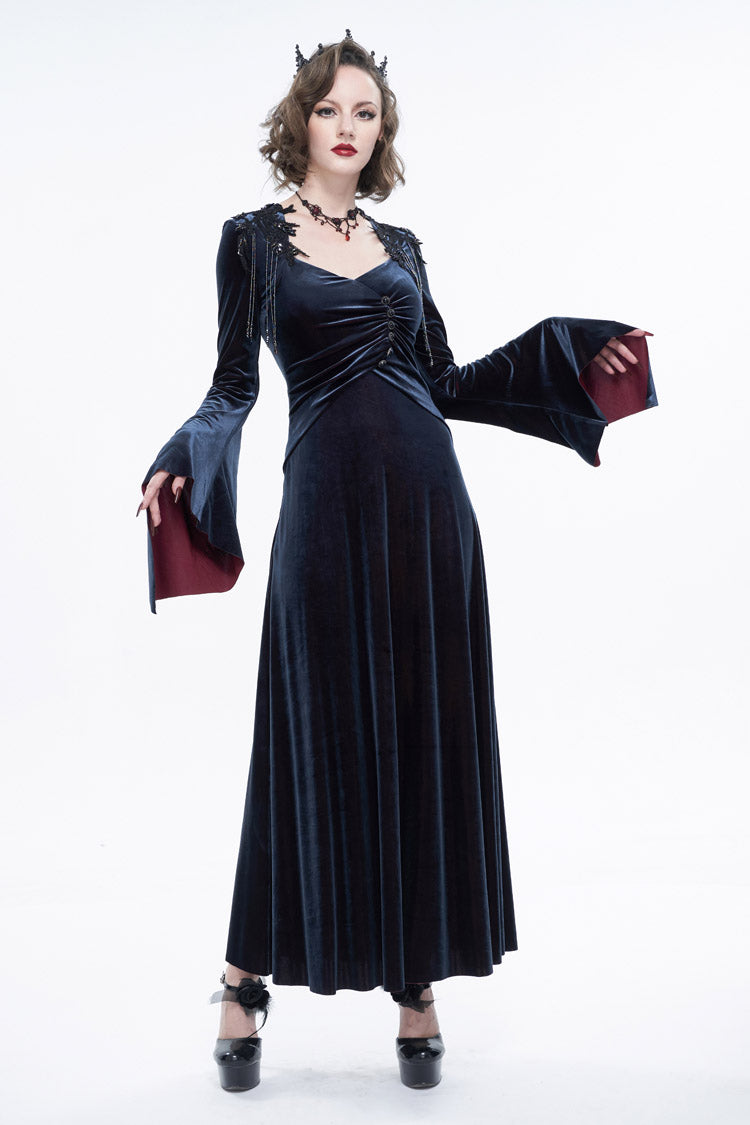 Scarlet & Black Fringe Bell-Sleeve Gothic Maxi Dress