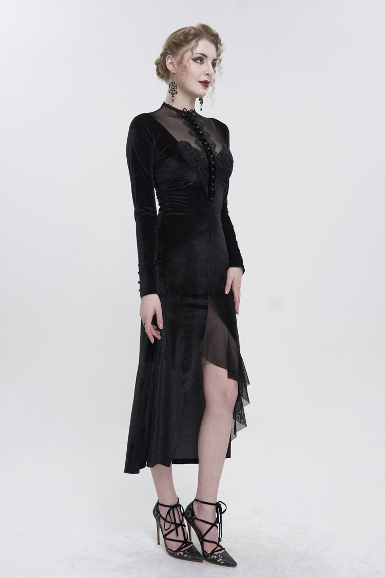 Stand Collar Paisley Lace Mesh Panel Asymmetric Hem Gothic Dress
