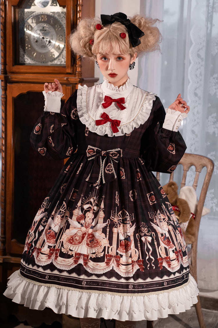 Hanayome OP Dress with Bear Print, Ruffles, and Lantern Sleeves