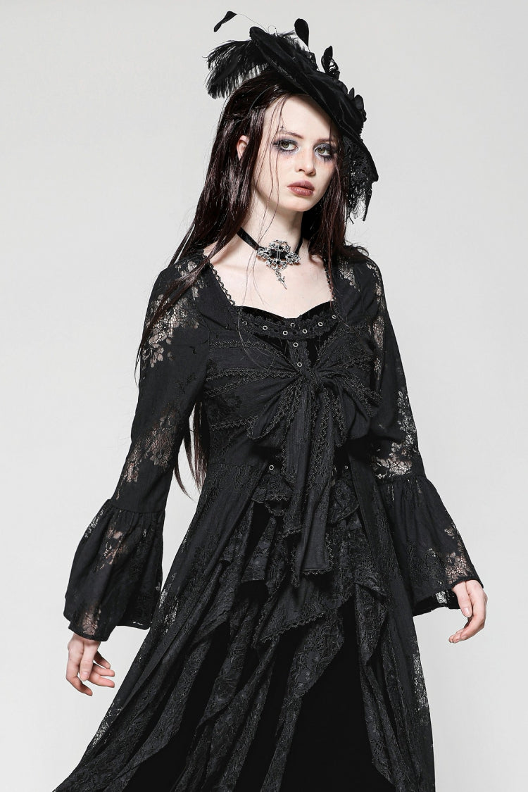 Jet-Black Elegant Robe with Lace Trim and Lacing for Women