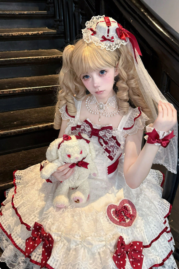 Ivory Polka Dot Love Letter Sleeveless Double Bow Pearl Accent Lolita JSK