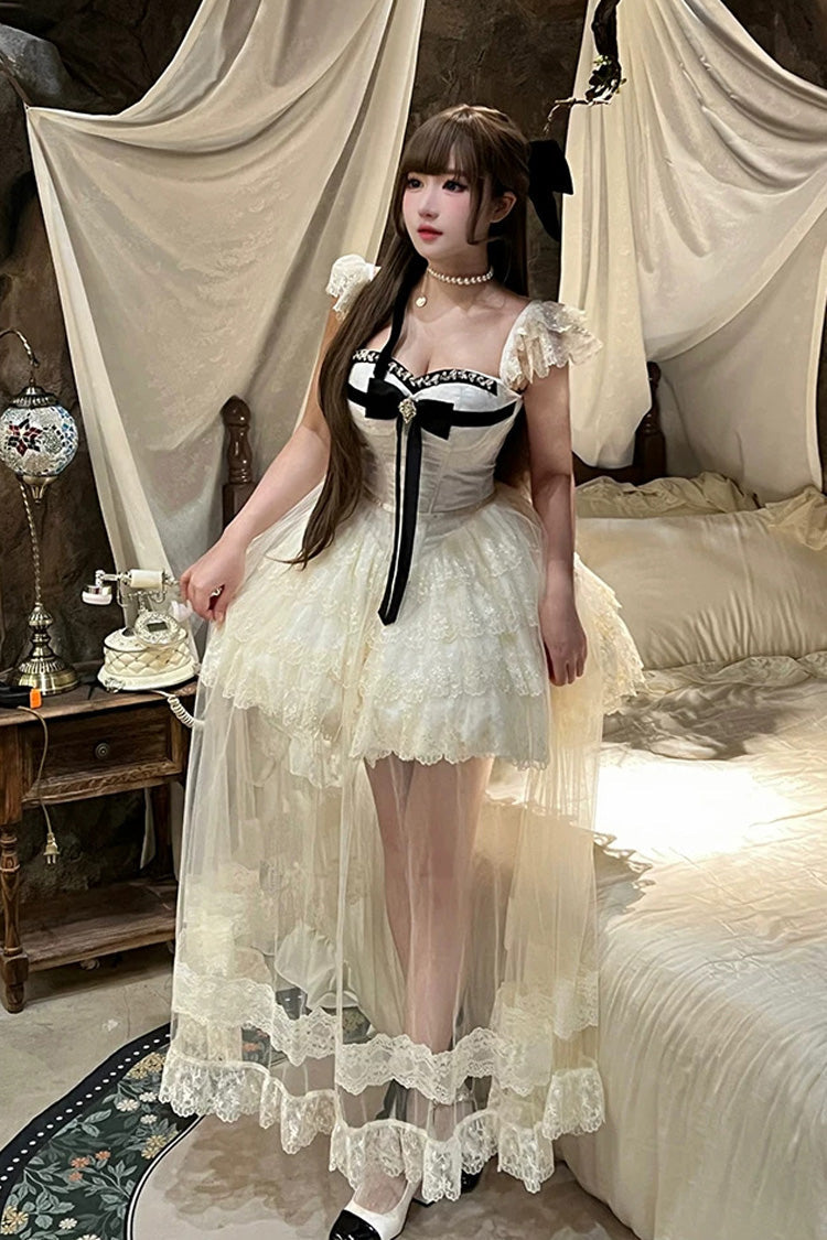 Cream Hepburn Heart Square Collar Sleeveless Multi-Layer Cut-Out Bow Lace Sweet Lolita JSK Dress