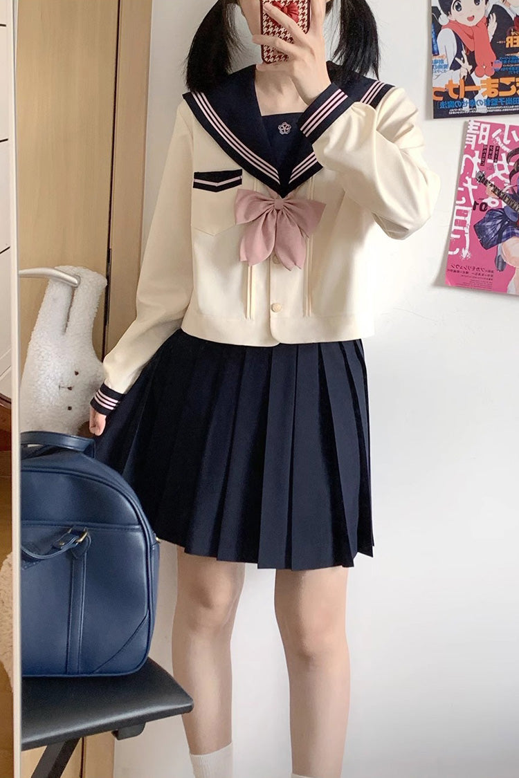 Navy/Ivory Sailor-Collar Long-Sleeve Sweet Japanese School Skirt Set