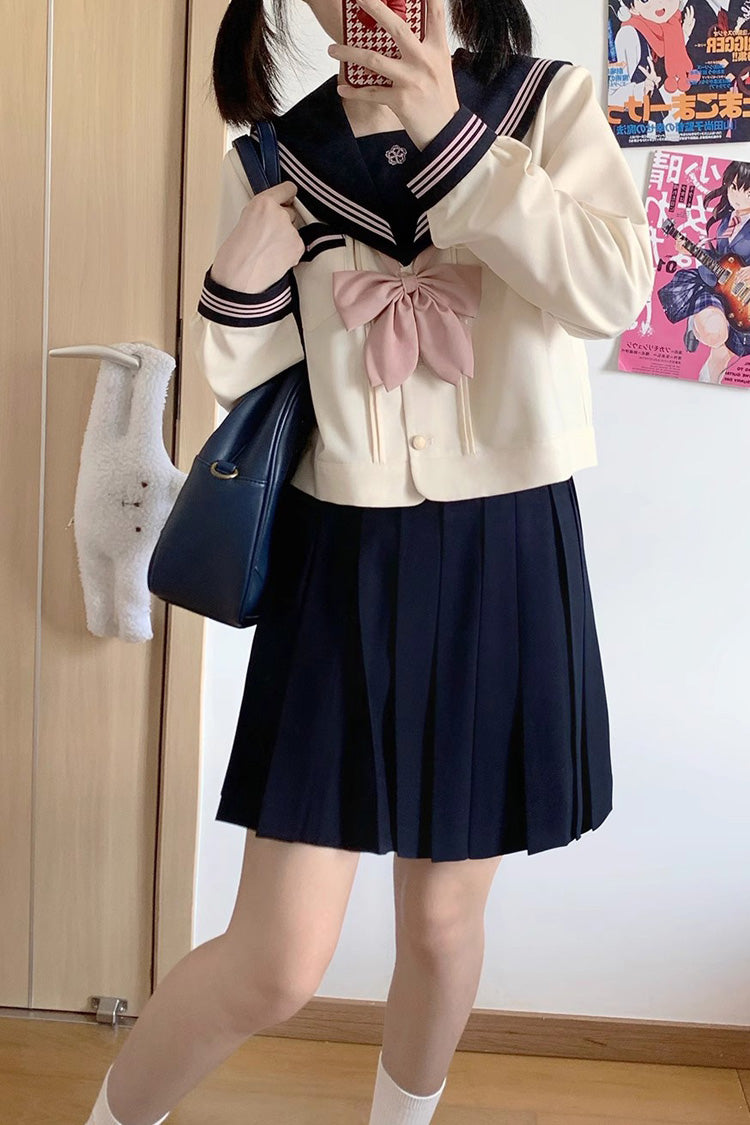 Navy/Ivory Sailor-Collar Long-Sleeve Sweet Japanese School Skirt Set