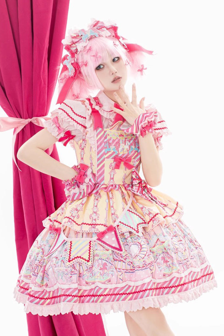 Sweet Lolita JSK in Yellow Pink with Bowknot Ruffled Print - Candy Park