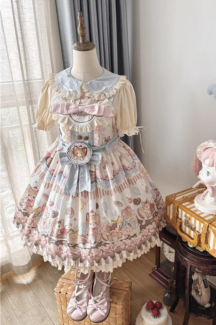 Sleeveless Print Ruffle Bow Lace Sweet Japanese Lolita Strap Dress - Multi Color