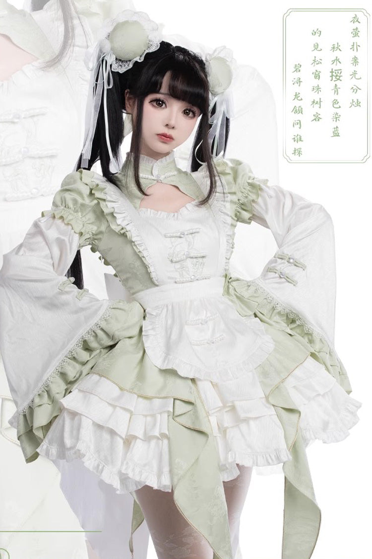 Emerald Trumpet-Sleeve Chinese-Style Lolita JSK Set with Bow and Lace
