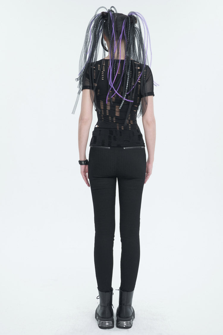 Destroyed Faux Leather Punk Tee with Metal Ring