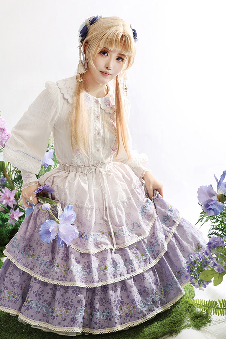 Violet Moonlight Iris Triple Layer Printed Ruffled Lace Lolita Skirt