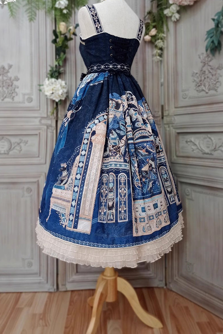 Gothic Lolita Dress with Egyptian Print, Ruffles, Dusk Style
