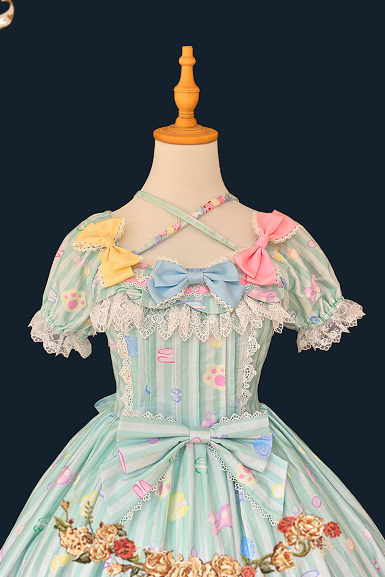Green Square Collar Lantern Sleeve Sweet Lolita Dress with Bow Print - Macarons Dolly House