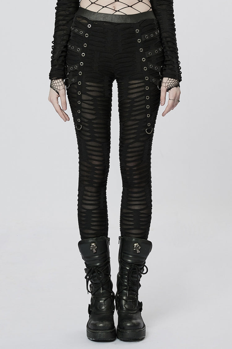 Slim Ripped Tie-Dyed Metal Loop Steampunk Leggings, Two Shades