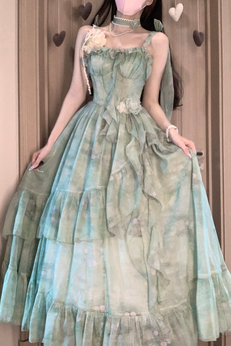 Green Sweet Lolita JSK Long Dress with Print and Ruffle Bowknot Style