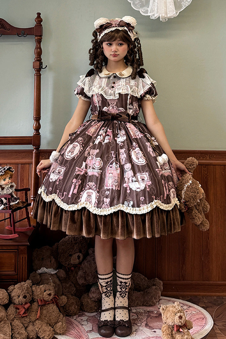 Brown Bear Wall Print Short Sleeves Ruffle Embroidery Bow Sweet Dress