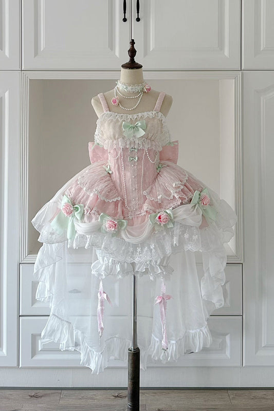 Sleeveless Ruffle Embroidery Bow Lace Pearl Sweet Lolita Jumper Dress - Pink
