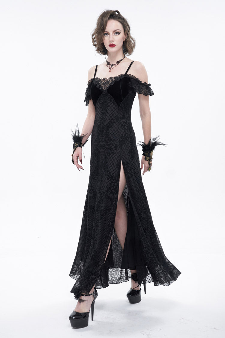 Raven Velvet Off-Shoulder Lace Gothic Dress with Ruffled Hem