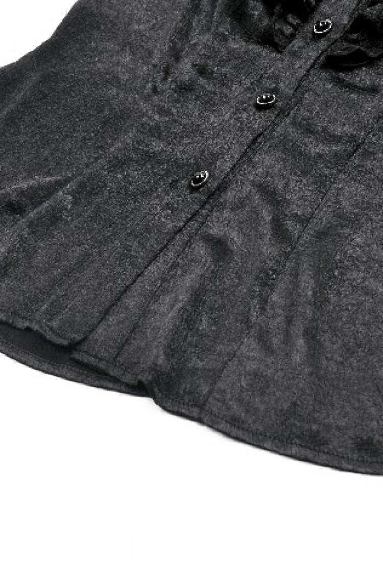 Jet-Black Gothic Blouse with Lantern Sleeves and Ruffled Lace