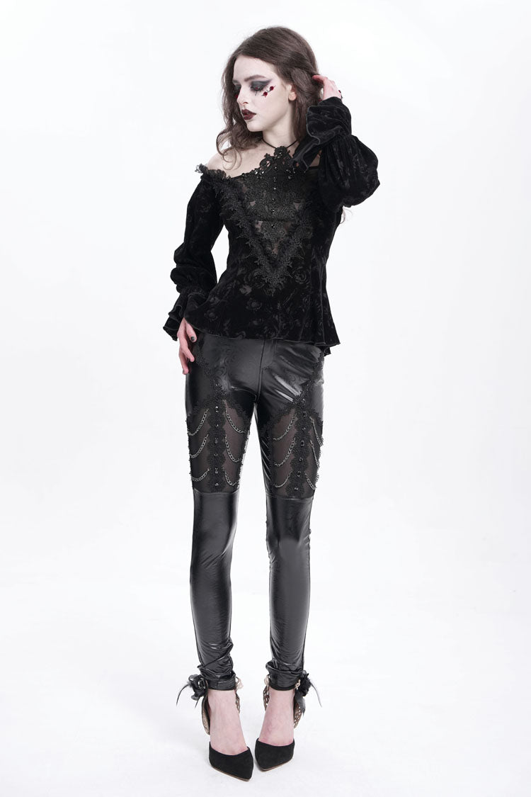 Gothic Pants with Faux Leather Stitching Lace and Chain