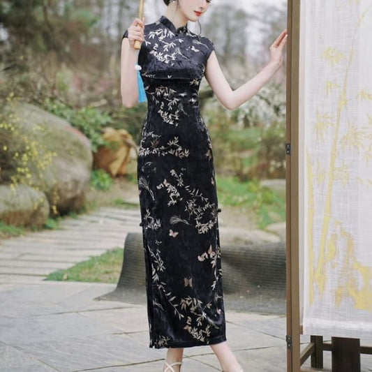 Cap Sleeve Leaf Butterfly Print Velvet Maxi