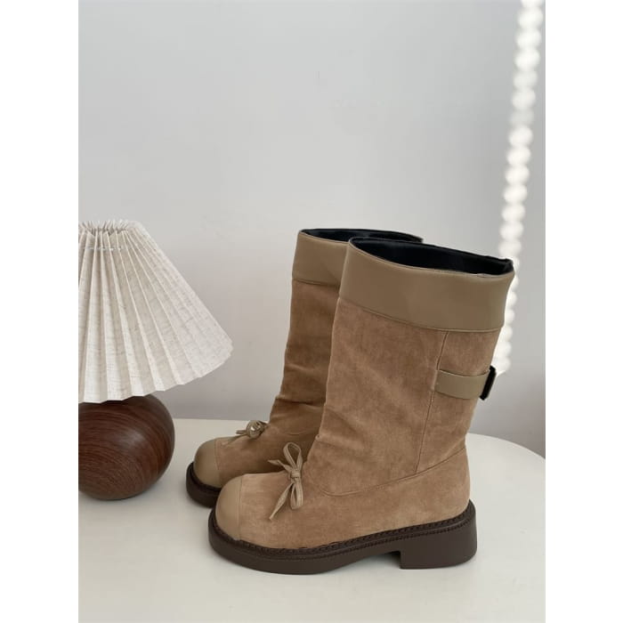 Cap Toe Bow Platform Chunky Heel Short Boots