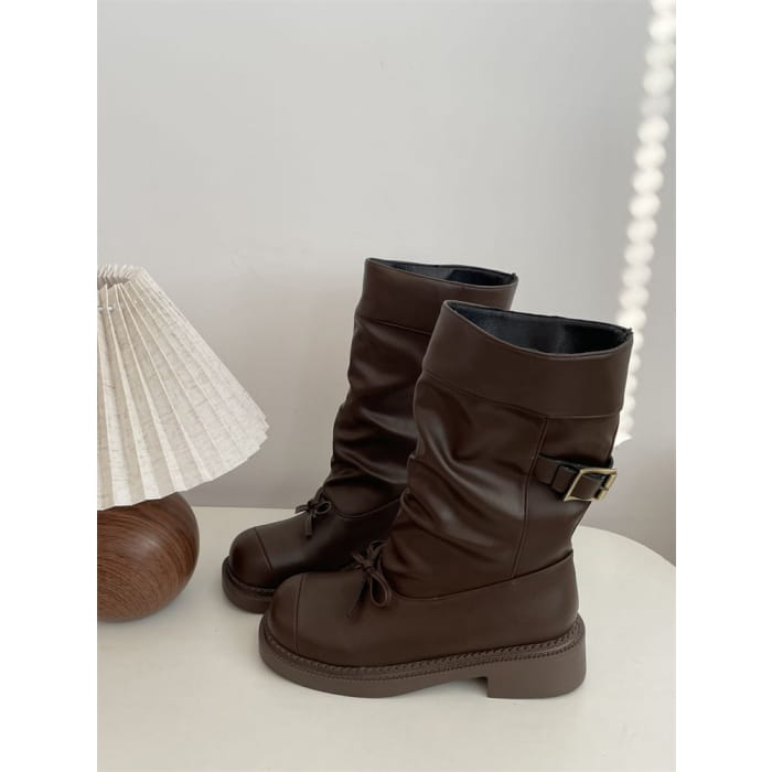 Cap Toe Bow Platform Chunky Heel Short Boots