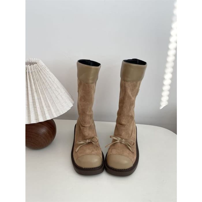 Cap Toe Bow Platform Chunky Heel Short Boots