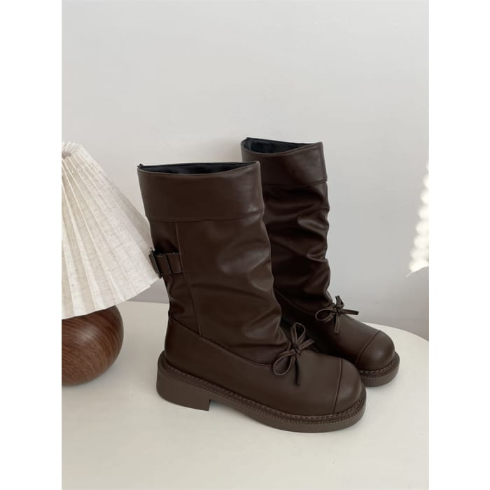 Cap Toe Bow Platform Chunky Heel Short Boots