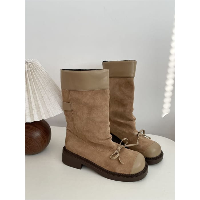 Cap Toe Bow Platform Chunky Heel Short Boots