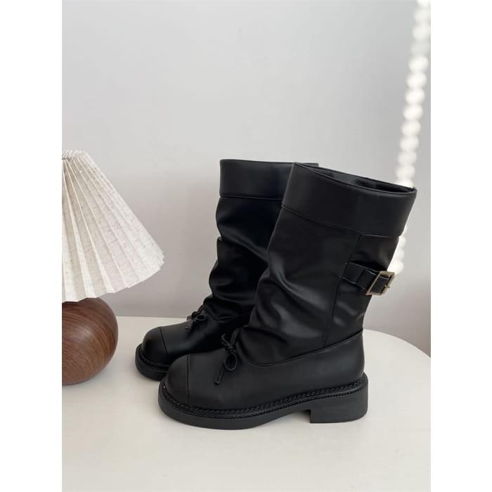 Cap Toe Bow Platform Chunky Heel Short Boots