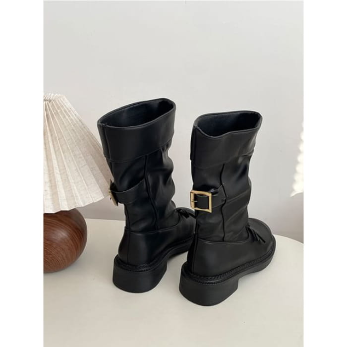 Cap Toe Bow Platform Chunky Heel Short Boots - Black / 35