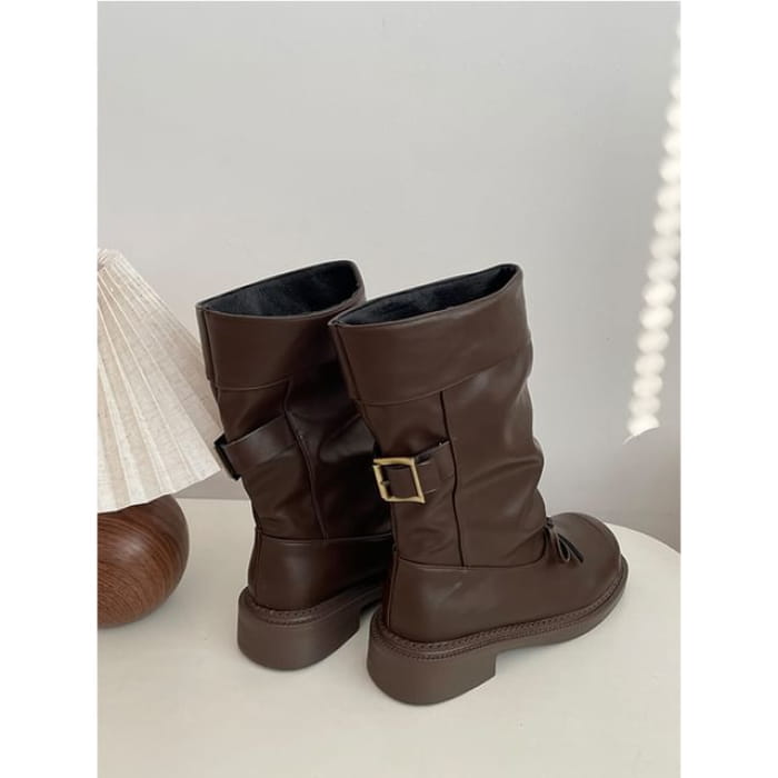 Cap Toe Bow Platform Chunky Heel Short Boots - Brown / 35
