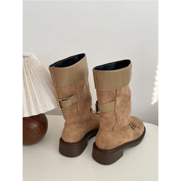 Cap Toe Bow Platform Chunky Heel Short Boots - Khaki / 35
