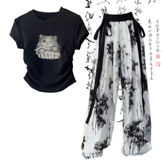 Cartoon Cat Print T-Shirt Wash Painting Loose Pants - Set