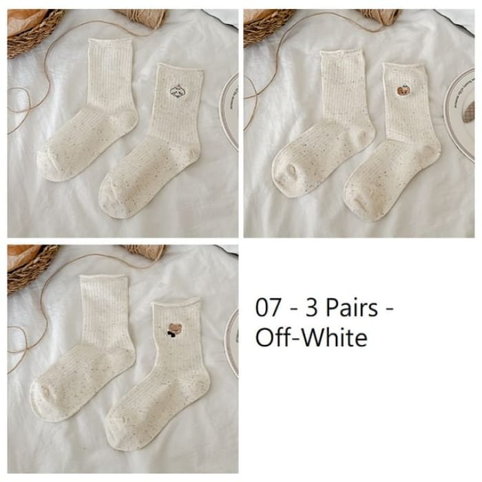 Cartoon Embroidered Socks / Set - 07 - 3 Pairs - Off-White
