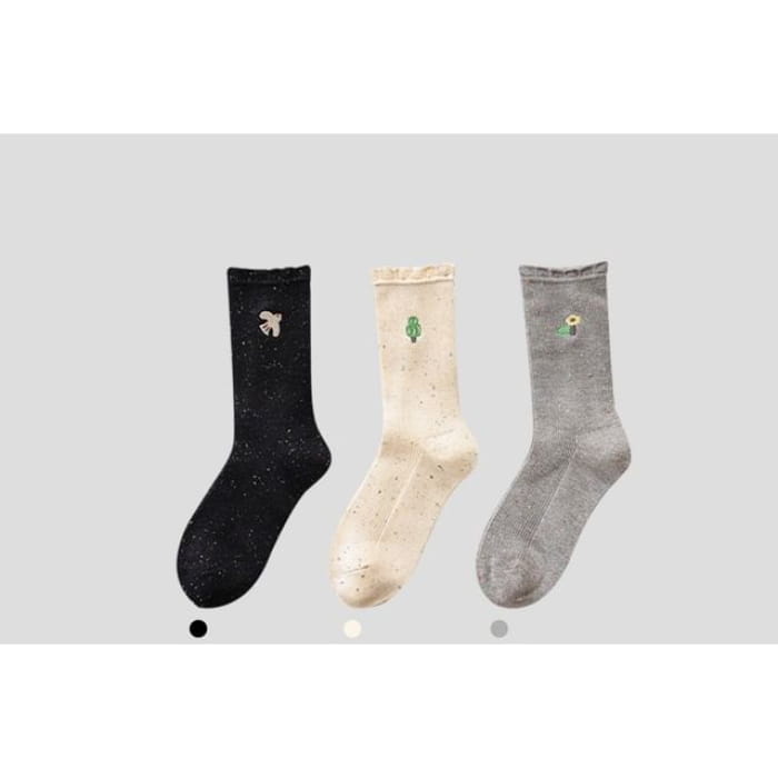 Cartoon Embroidered Socks / Set - 3 Pairs - Black & Beige