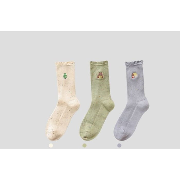 Cartoon Embroidered Socks / Set - 3 Pairs - Blue & Green