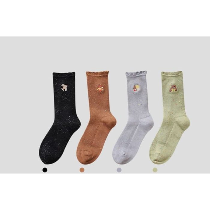Cartoon Embroidered Socks / Set - 4 Pairs - Black & Coffee