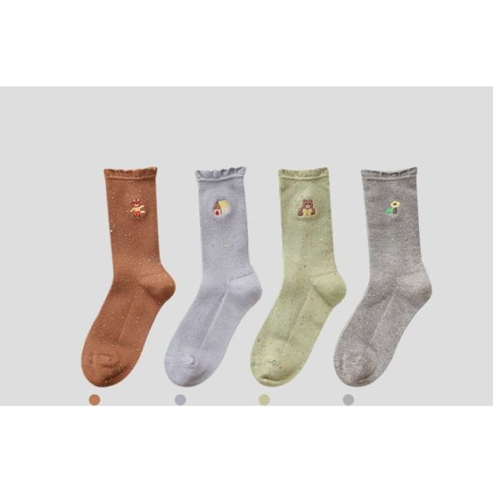 Cartoon Embroidered Socks / Set - 4 Pairs - Coffee & Blue