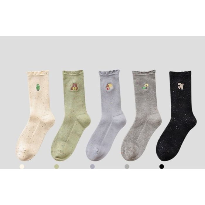 Cartoon Embroidered Socks / Set - 5 Pairs - Beige & Green