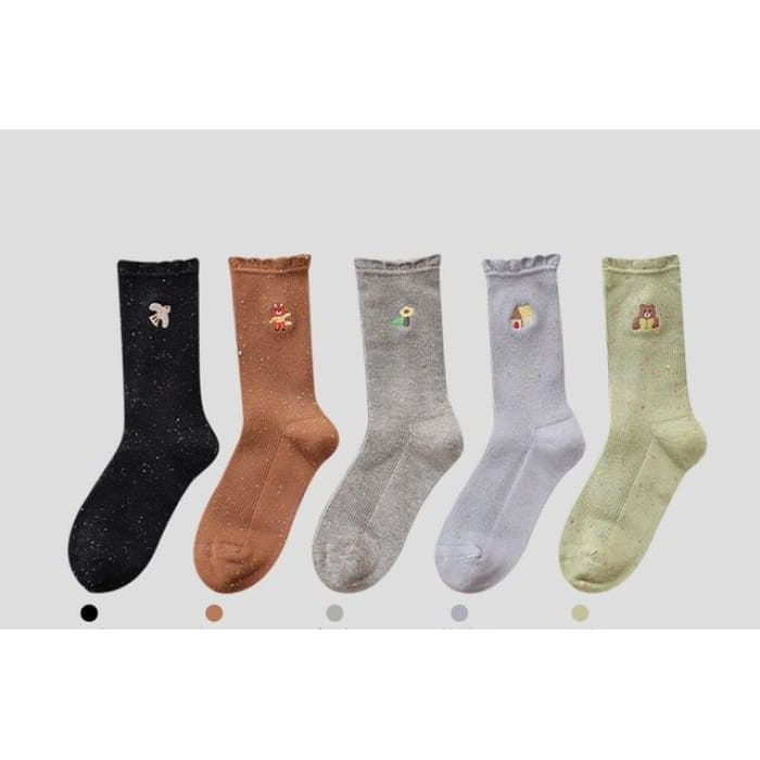Cartoon Embroidered Socks / Set - 5 Pairs - Black & Coffee