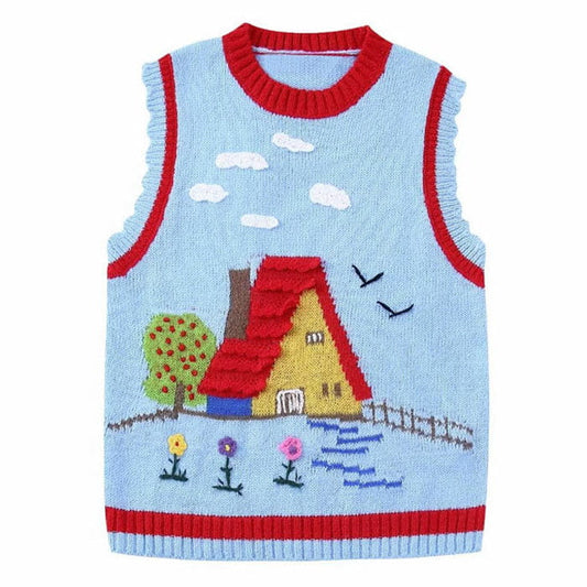 Cartoon House Knit Vest - S / Blue/red